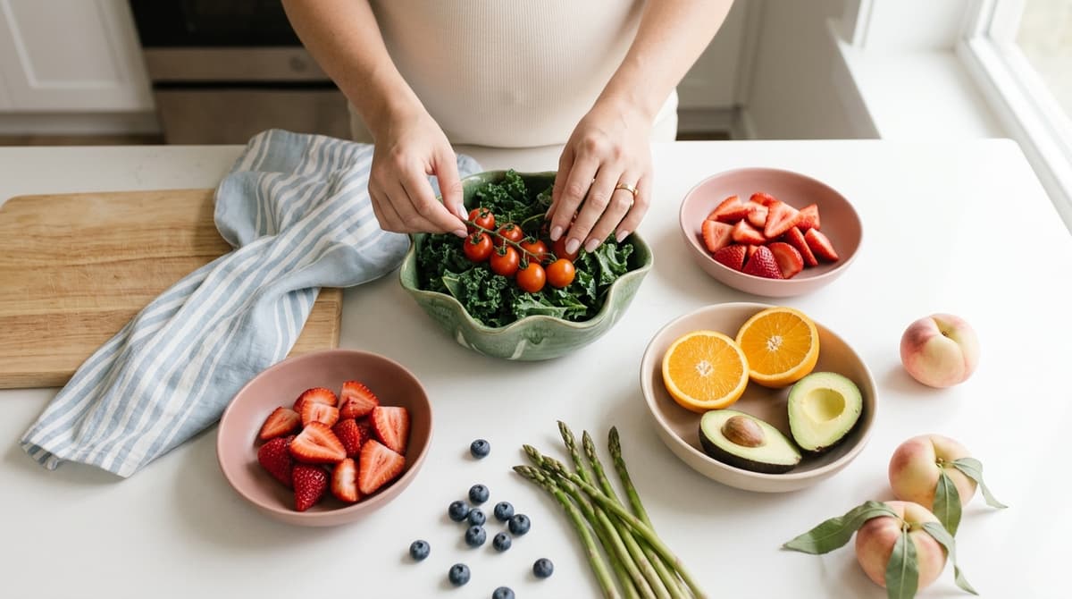 Mains d'une femme enceinte préparant des fruits et légumes frais sur un plan de travail, dans une ambiance douce et pastel.
