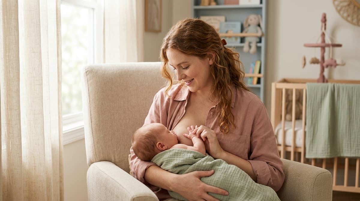 Une jeune maman tenant tendrement son nouveau-né pour l'allaiter, dans une ambiance douce et pastel.