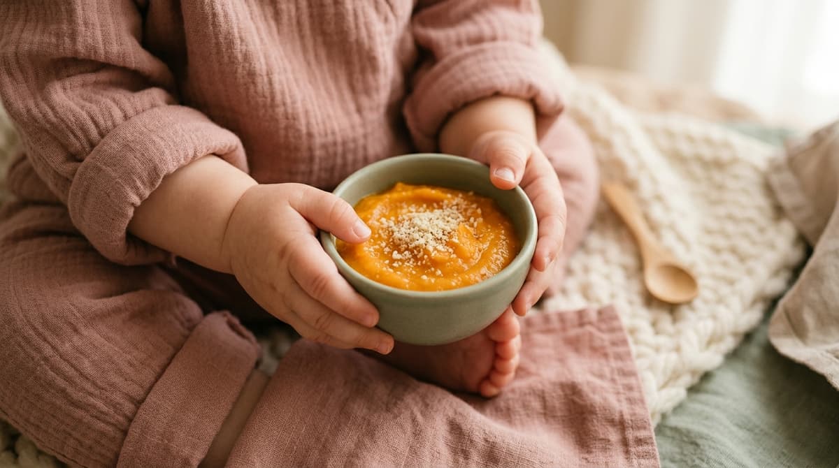 Mains de bébé tenant un petit bol de purée avec des traces d'allergène, dans une ambiance douce et pastel.