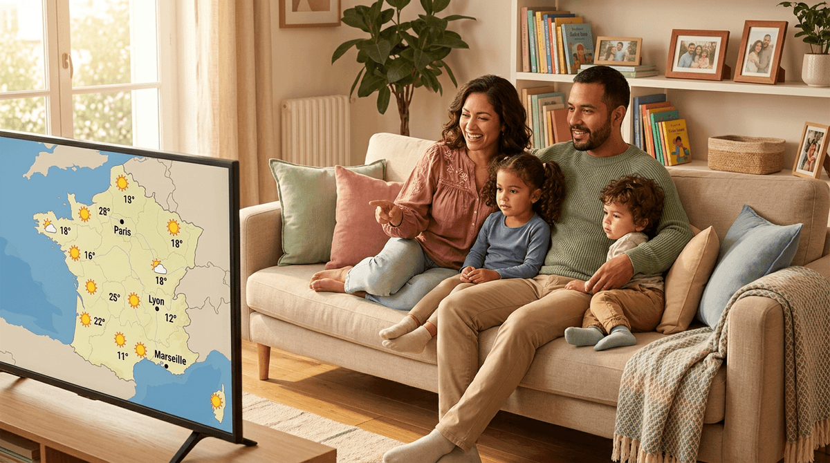 Famille latine réunie dans le salon regardant la météo à la télévision sur TF1