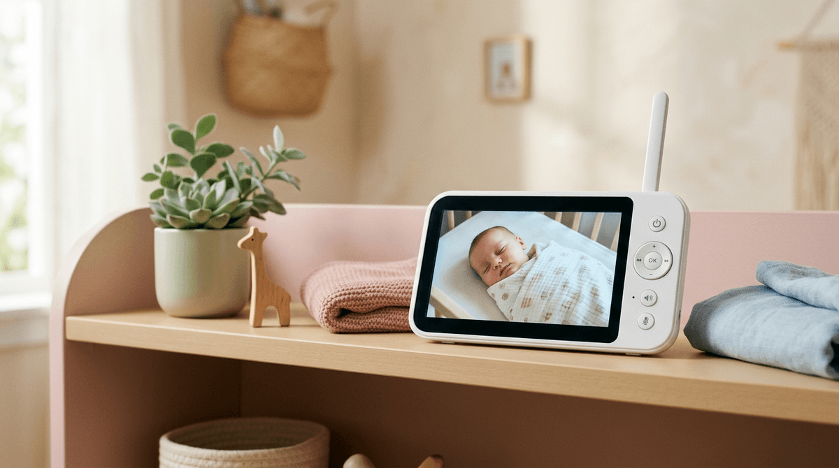 Babyphone vidéo moderne posé sur une étagère dans une chambre de bébé aux tons pastel, montrant un bébé endormi.