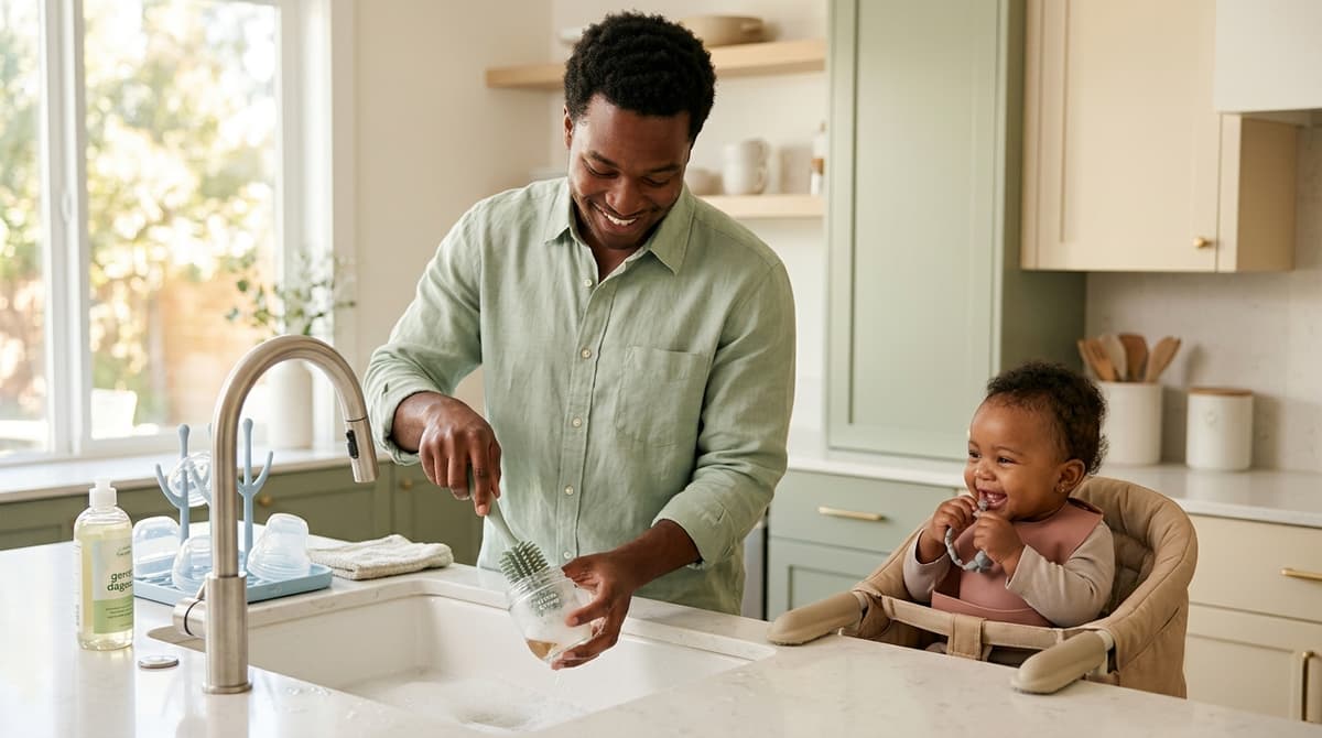 Maman nettoyant soigneusement des biberons avec une brosse en silicone dans une cuisine moderne