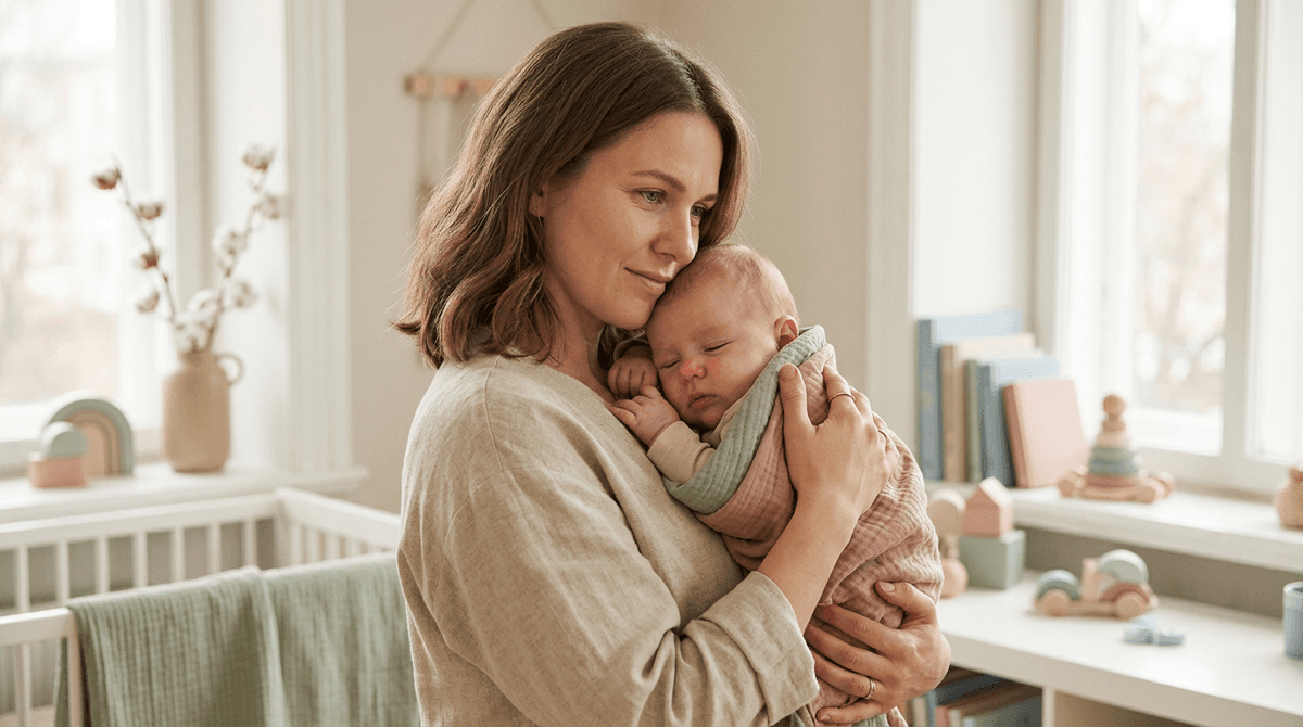 Une mère câline son bébé atteint de bronchiolite, dans une ambiance douce et apaisante.
