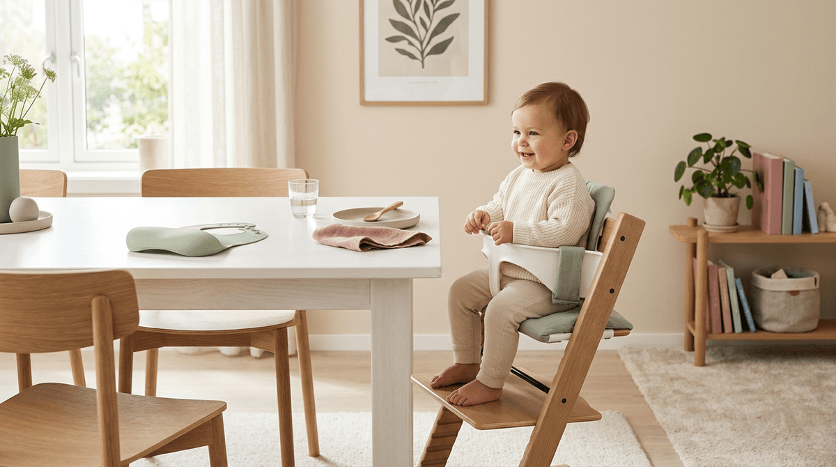 Une chaise haute évolutive en bois, design et épurée, installée dans une salle à manger lumineuse et décorée dans des tons pastel.