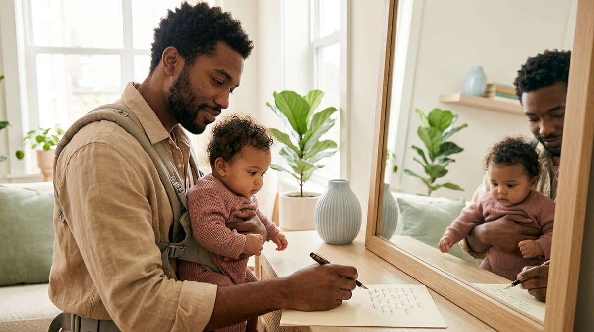 Jeune femme mixte devant un miroir écrivant son nouveau prénom sur un papier, lumière douce et apaisante