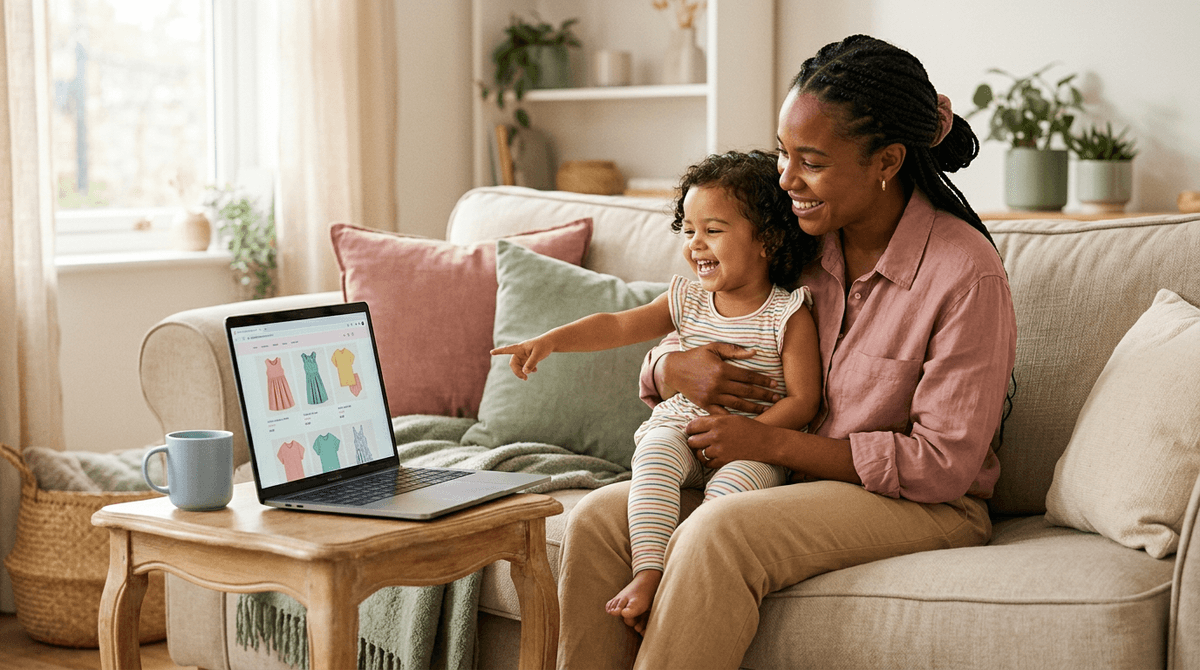 Maman et sa fille choisissant des vêtements enfant en ligne avec un code promo Petit Bateau