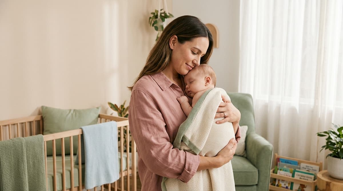 Une mère câline son bébé apaisé, dans une chambre aux tons pastel, symbolisant le soulagement des coliques.