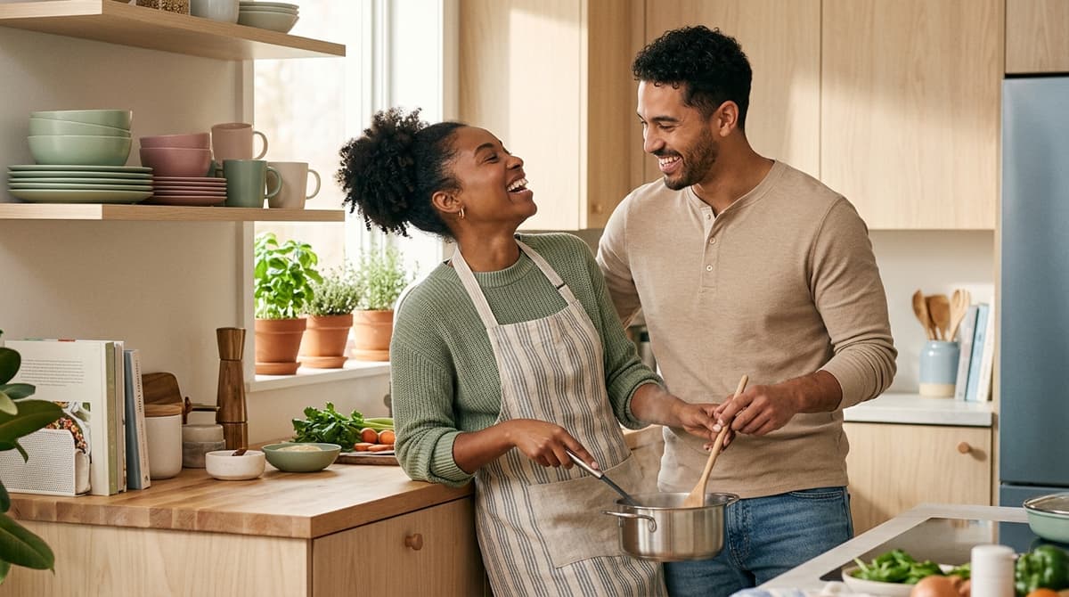 Couple complice partageant une passion commune dans leur cuisine, riant ensemble