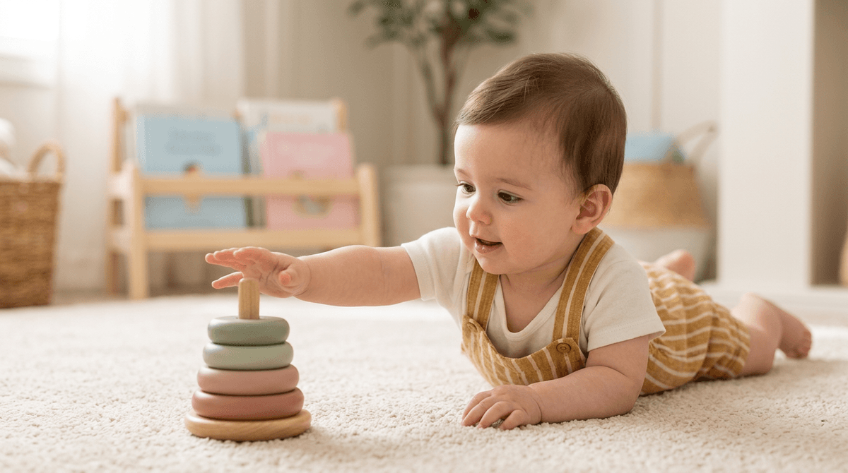 Bébé de 8 mois assis sur un tapis doux, explorant un jouet, dans une chambre aux tons pastel.