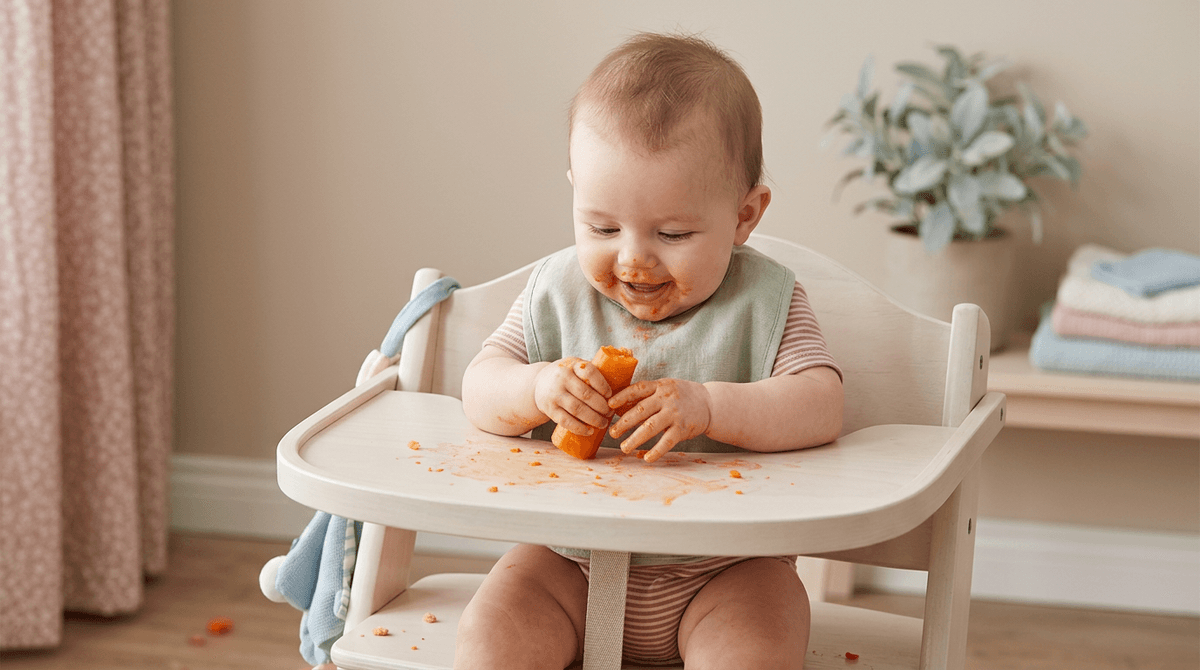 Bébé souriant explorant un morceau de carotte avec ses mains dans sa chaise haute, début de la DME.