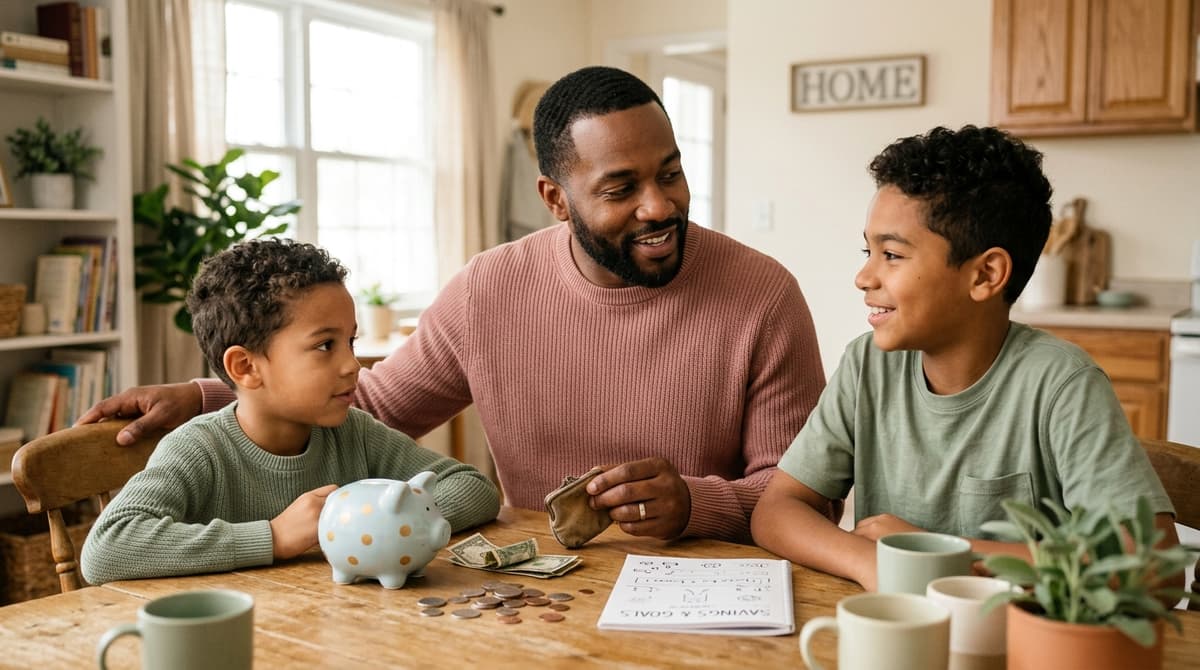Père et ses deux fils discutant de l'éducation financière autour d'une table avec une tirelire