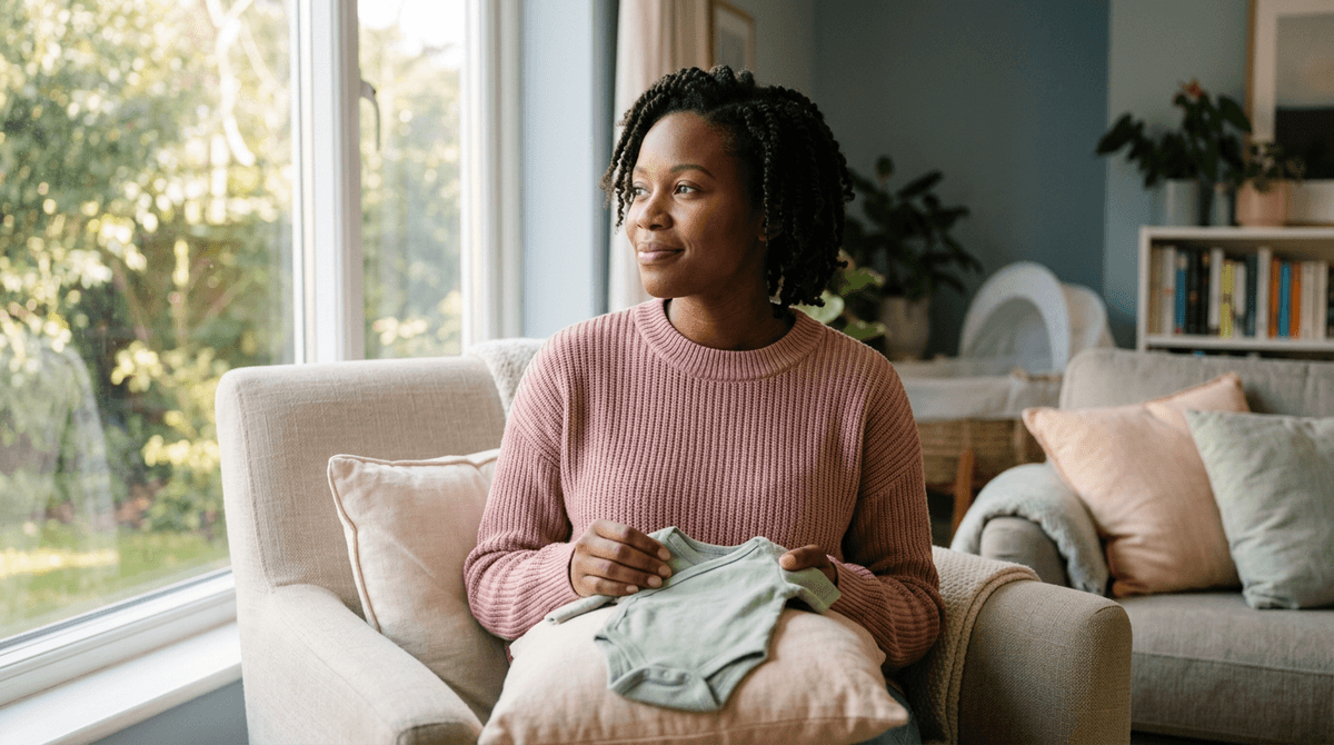Femme noire assise dans un salon lumineux tenant un petit vêtement de bébé, symbole d'espoir dans un parcours de maternité