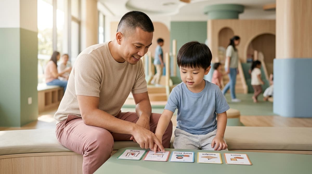 Père et fils autiste consultant des supports visuels dans un centre de loisirs inclusif
