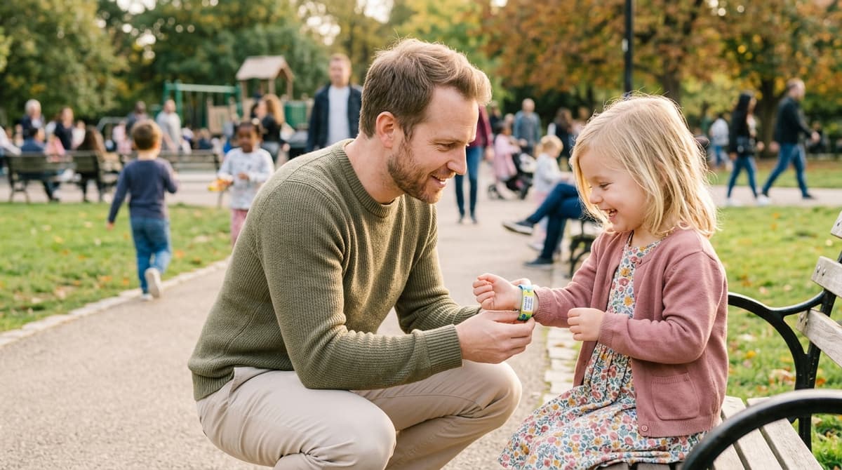 Papa expliquant à sa fille les consignes de sécurité en cas de perte dans un lieu public