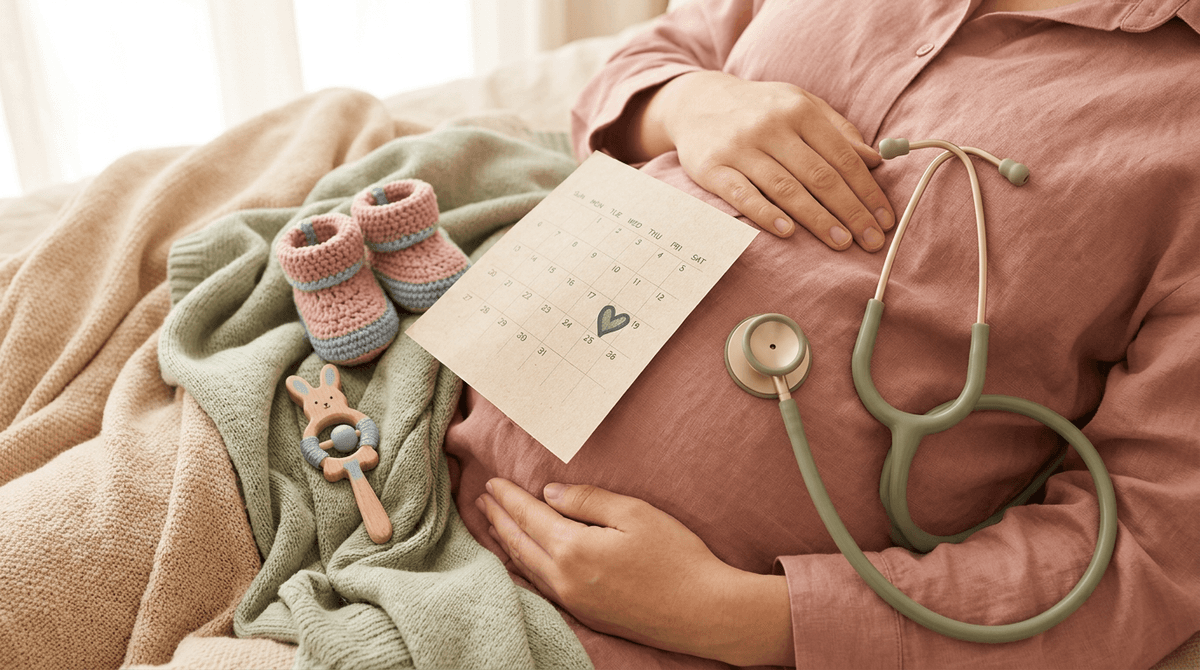 Calendrier des examens prénataux mois par mois avec un stéthoscope sur le ventre d'une femme enceinte, dans des tons pastel.