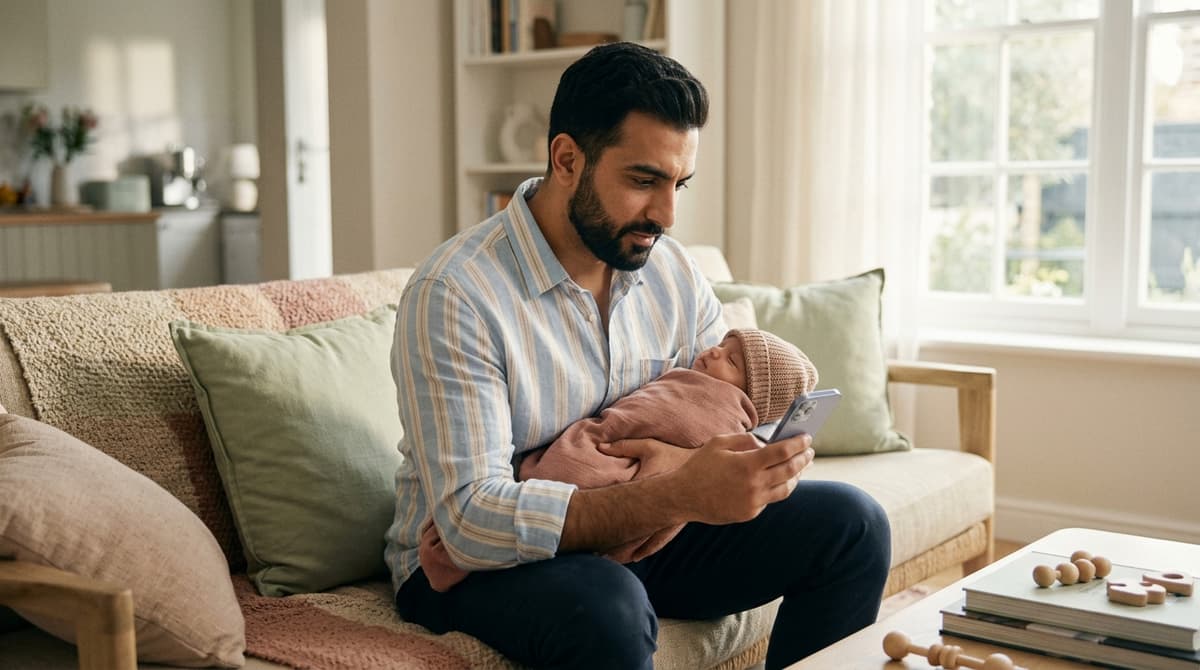 Femme enceinte inquiète regardant son téléphone face à un message suspect sur les réseaux sociaux