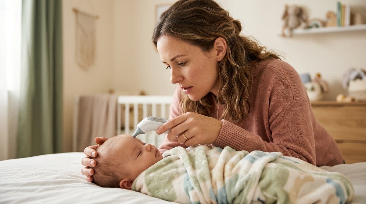 Un parent inquiet mais aimant prend la température de son bébé avec un thermomètre, dans une ambiance douce et pastel.