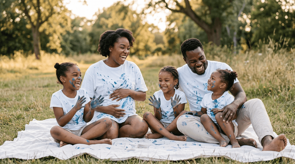 Famille nombreuse faisant un gender reveal à la peinture bleue, enfants et maman enceinte couverts de peinture sur leurs t-shirts blancs