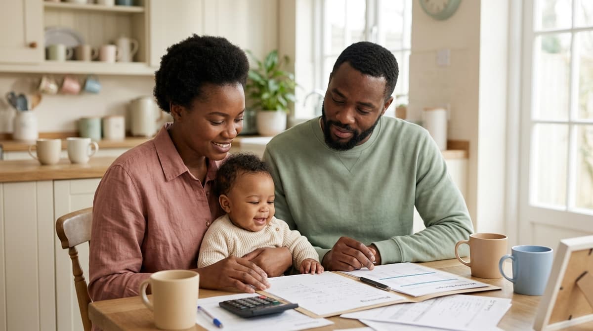 Parents latinos gérant leur budget familial avec leur bébé, illustrant l'impact de la hausse du Smic sur les familles en 2026
