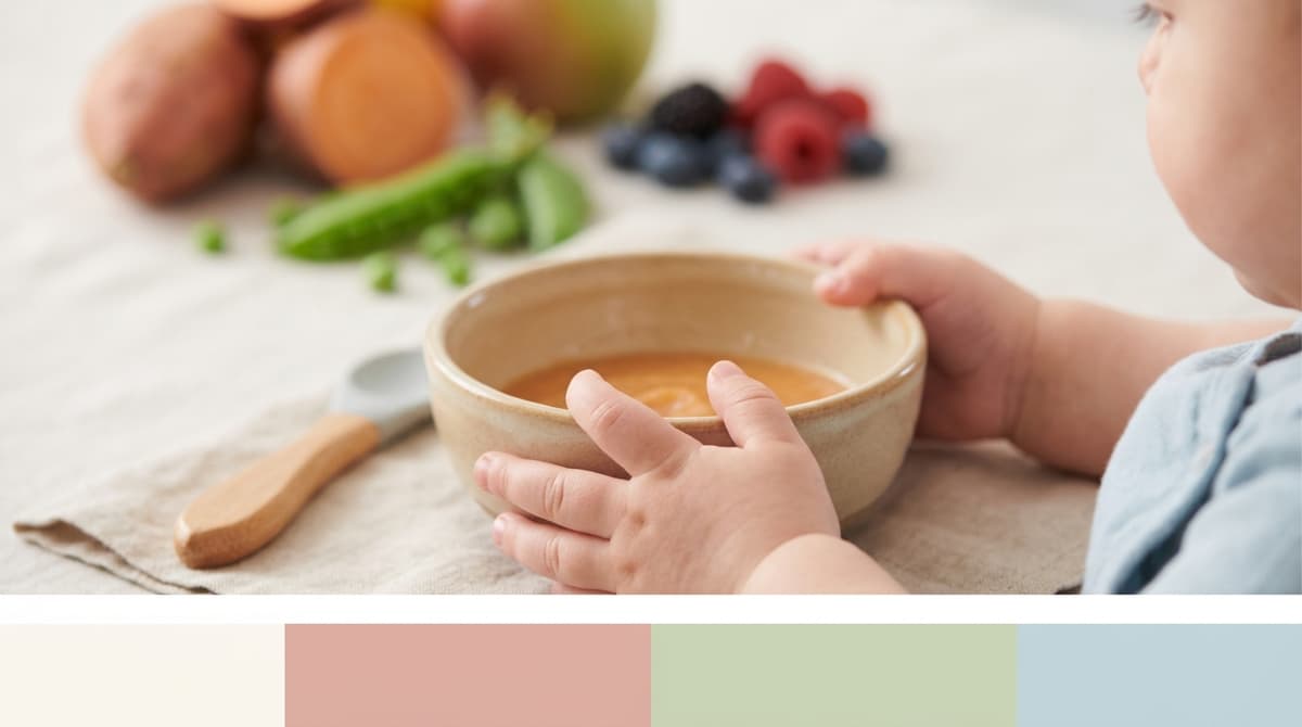 Mains de bébé tenant un petit bol de purée, symbolisant l'introduction des aliments et des allergènes.