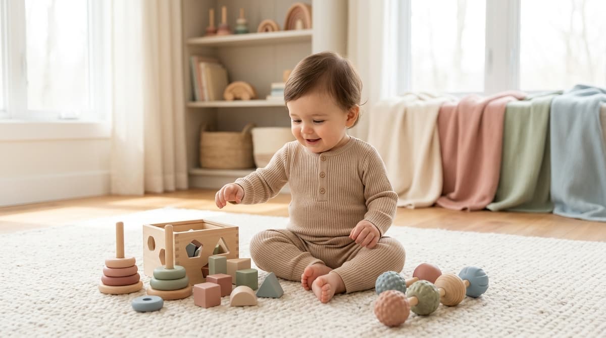 Bébé jouant avec des jeux d'éveil Montessori en bois, dans une chambre lumineuse aux tons pastel.