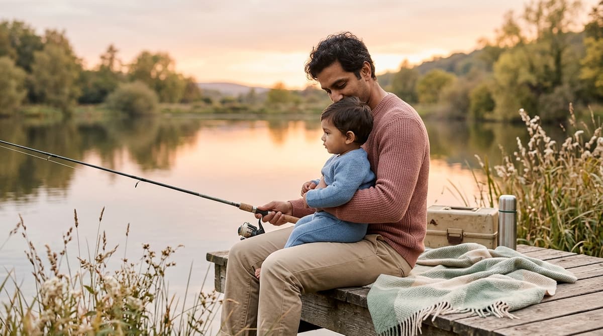 Papa et son petit garçon en train de pêcher au bord d'un lac, moment de complicité père-fils