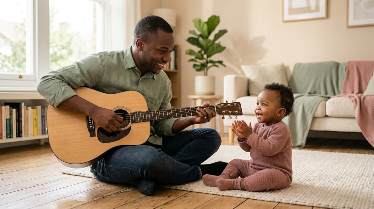 Papa assis au sol jouant de la guitare avec son bébé d'un an qui rit et tape des mains