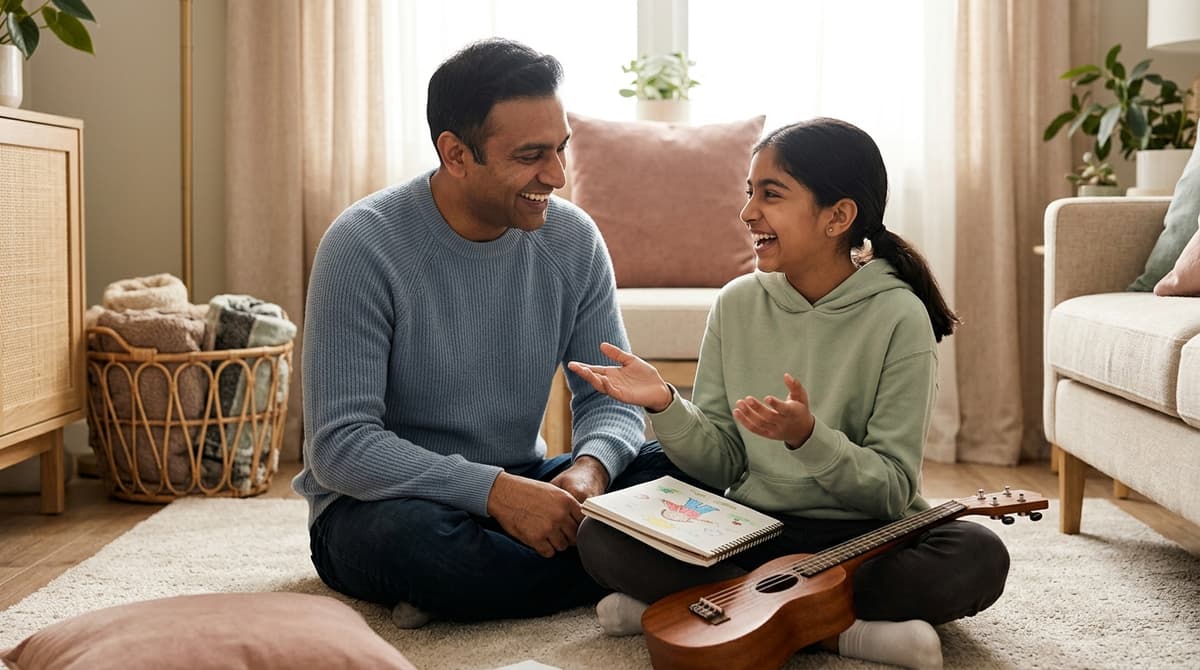 Papa et sa fille préadolescente partagent un moment complice à la maison, illustrant la relation bienveillante entre un père protecteur et son enfant épanoui