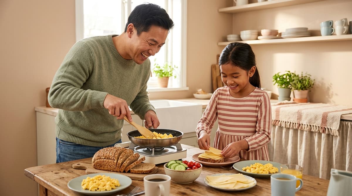Papa et sa fille préparent un petit déjeuner salé équilibré avec des œufs brouillés et des légumes frais