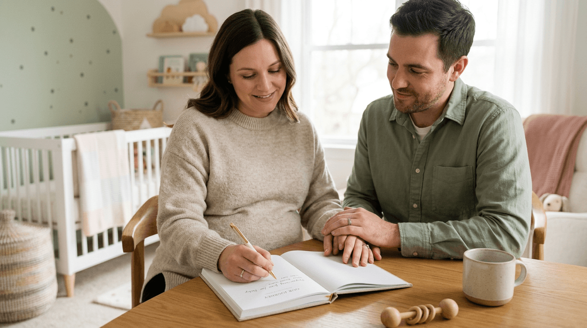 Couple rédigeant un projet de naissance dans une chambre de bébé aux tons pastel.