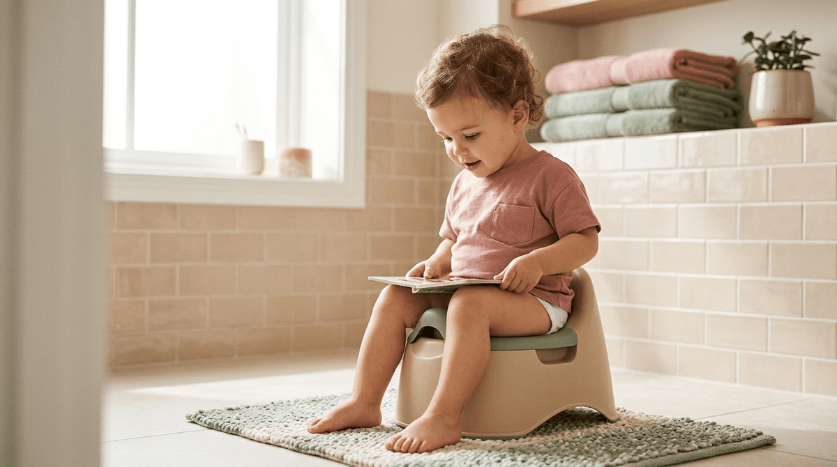 Un enfant assis sur un pot, montrant des signes de préparation à l'acquisition de la propreté.