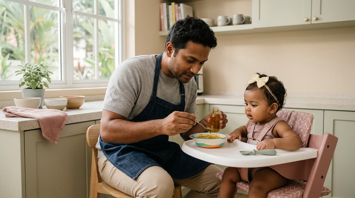 Papa latino ajoutant de l'huile végétale dans la purée de son bébé lors de la diversification alimentaire