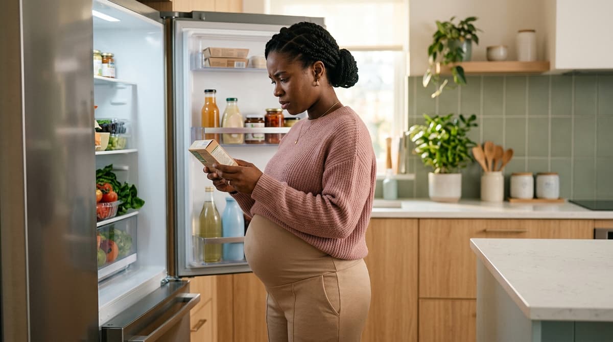 Femme enceinte vérifiant les étiquettes de charcuterie dans son réfrigérateur suite à un rappel produit