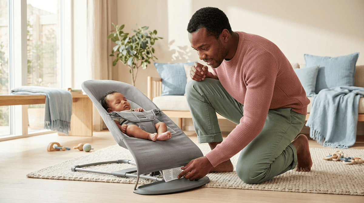Maman vérifiant l'étiquette d'un transat gris TEX Baby pour identifier un rappel produit dangereux