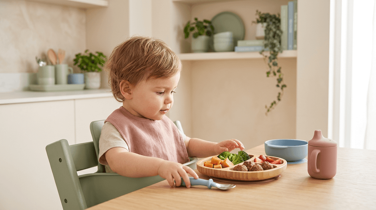 Un bébé assis dans sa chaise haute, regardant avec curiosité une assiette colorée de nourriture saine, dans une ambiance de repas calme et positive.