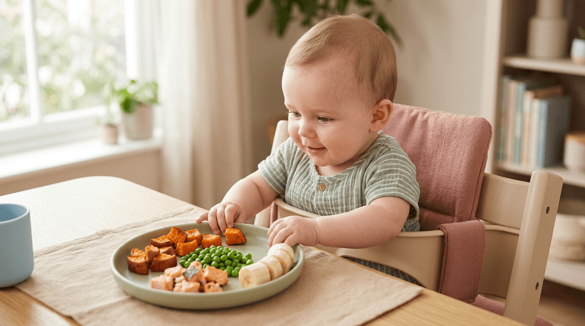 Bébé souriant dans sa chaise haute, regardant une assiette colorée de nourriture adaptée à son âge.