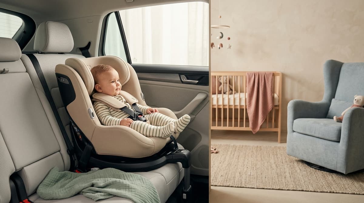 Un siège auto i-Size moderne et confortable installé dans une voiture, avec un bébé en sécurité à l'intérieur, dans une ambiance douce et pastel.