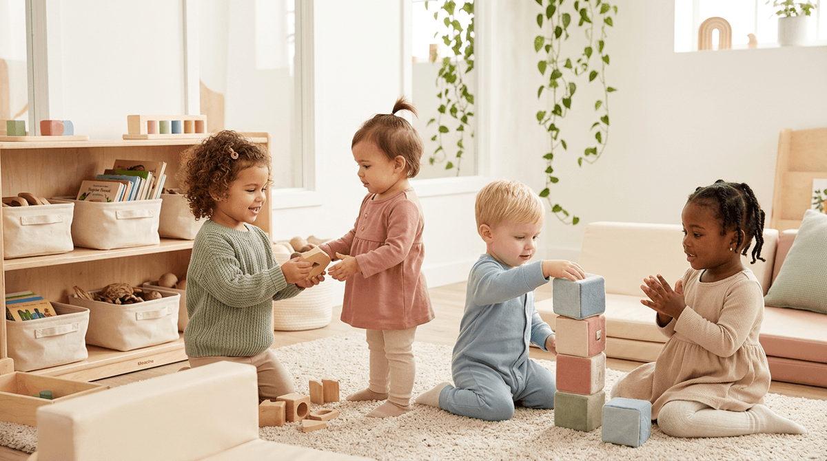 Des tout-petits de différents âges jouent ensemble dans une crèche lumineuse, illustrant la socialisation.