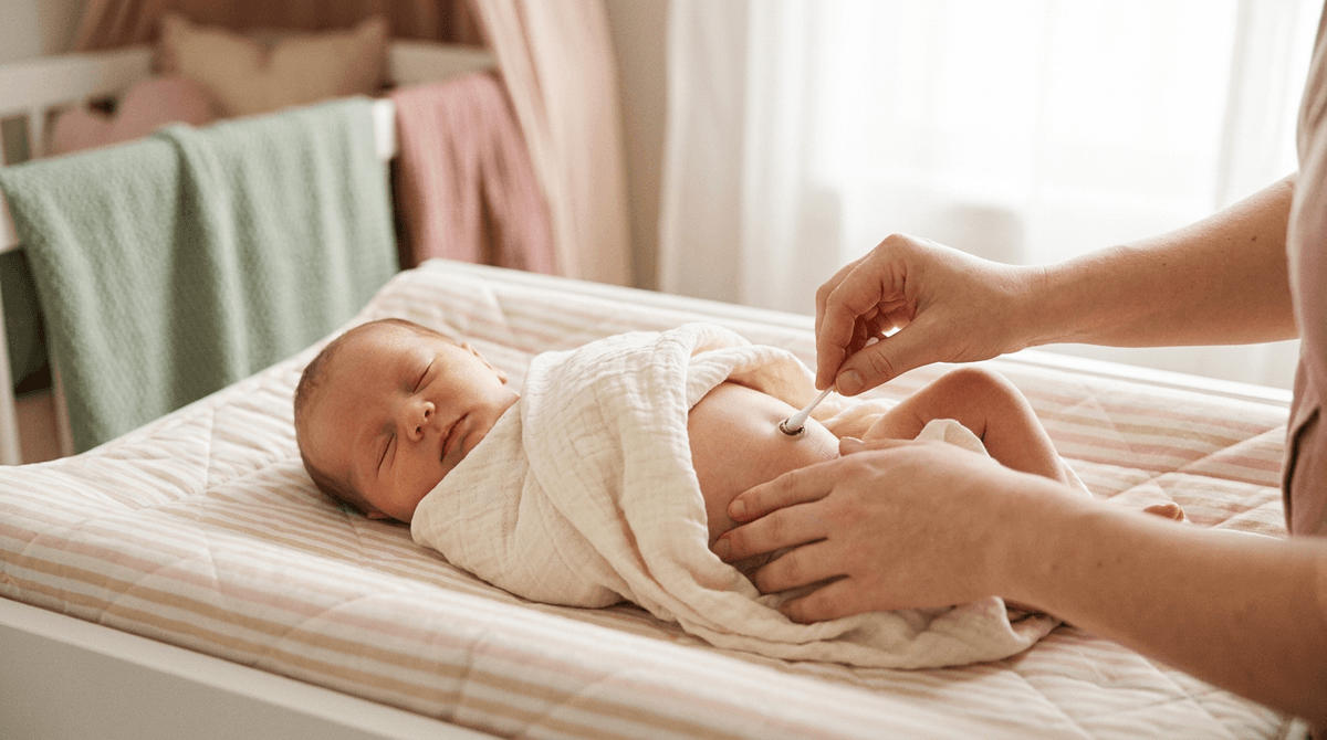 Un bébé nouveau-né avec son cordon ombilical en cours de guérison, illustrant les bons gestes de soin.