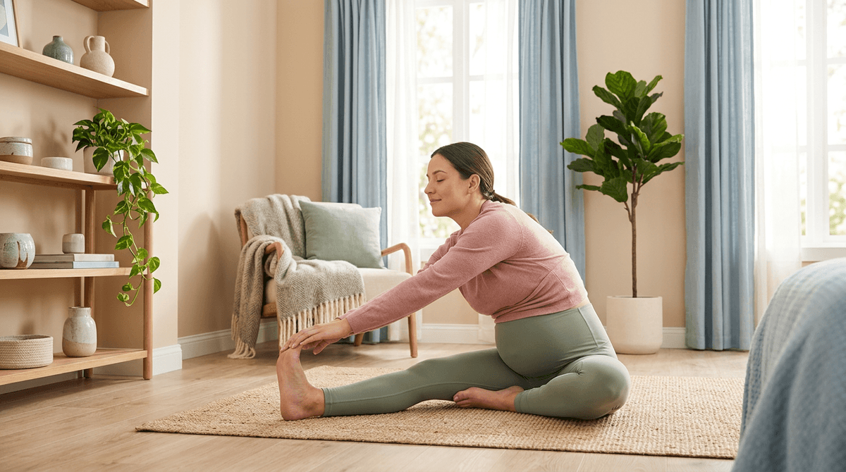 Femme enceinte faisant des étirements doux dans une pièce lumineuse aux couleurs pastel, symbolisant une grossesse active et saine.