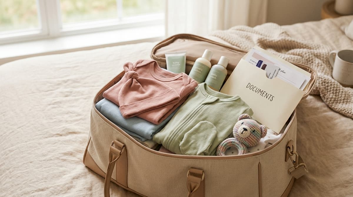 Valise de maternité ouverte et bien organisée avec des vêtements doux pour maman et bébé, des articles de toilette et des documents, dans des tons pastel.
