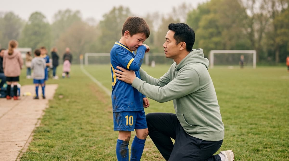 Un père réconforte son fils de 9 ans en larmes sur le bord d'un terrain de football après une agression