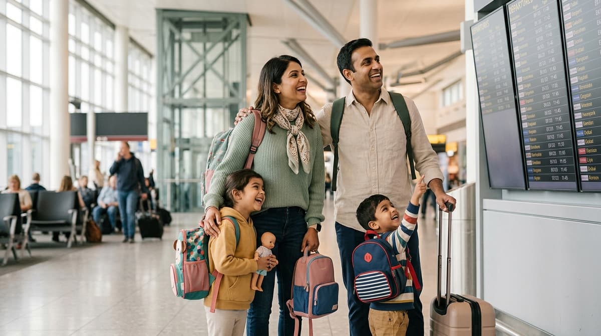 Famille latine souriante à l'aéroport prête à partir en vacances avec des enfants