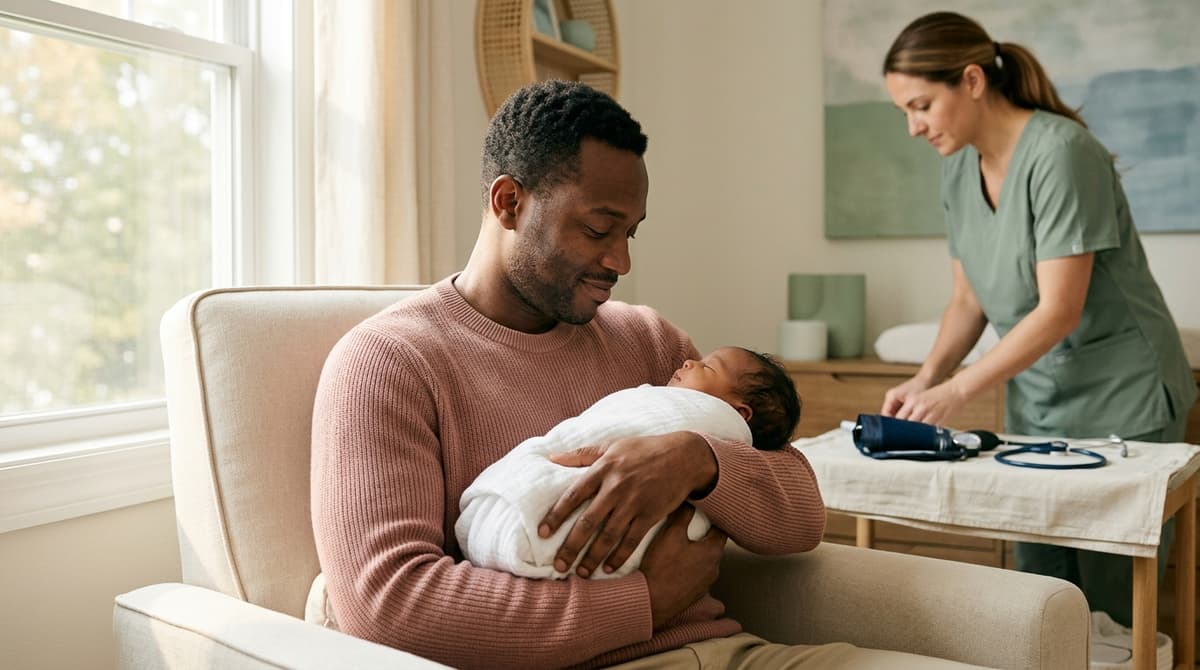 Jeune maman tenant son nouveau-né dans un environnement calme, illustrant la question de la sécurité de l'accouchement à domicile