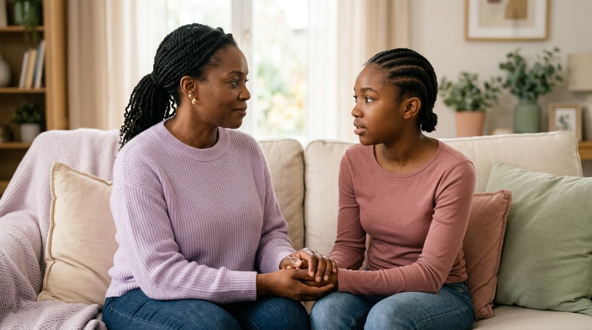 Mère et fille adolescente ayant une conversation bienveillante sur la protection et le consentement