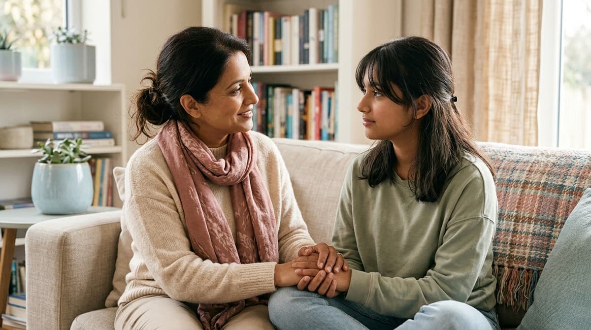 Mère et fille adolescente en conversation bienveillante sur la protection et le consentement