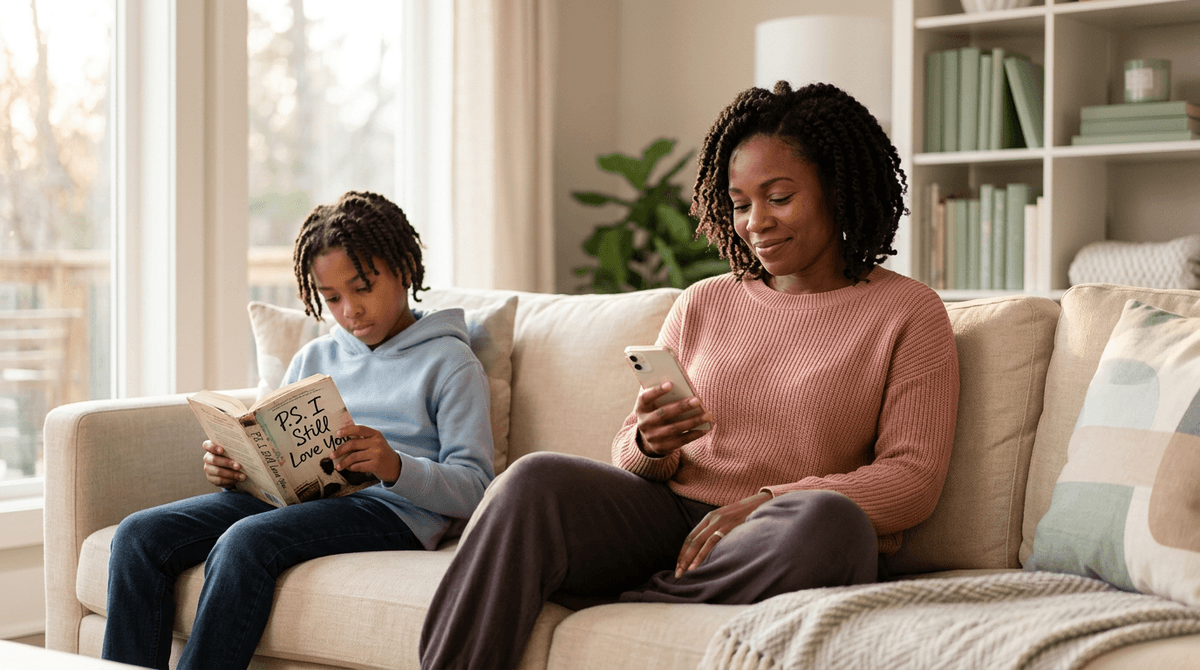 Maman émue en regardant des photos souvenirs de son enfant sur son téléphone, nostalgie parentale