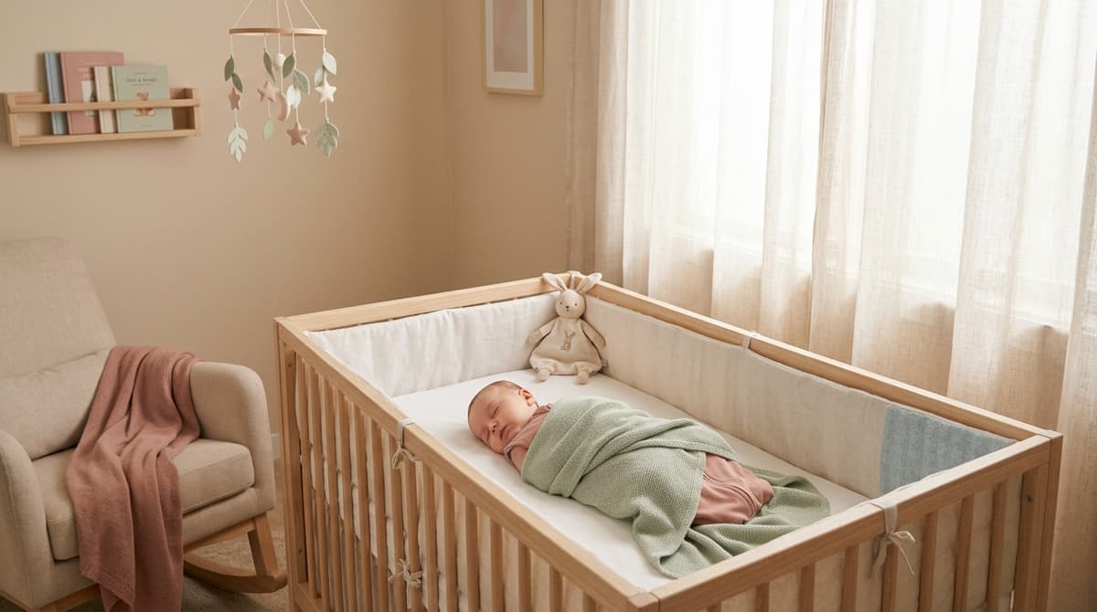 Un bébé endormi paisiblement dans son lit, dans une chambre aux couleurs douces et apaisantes.