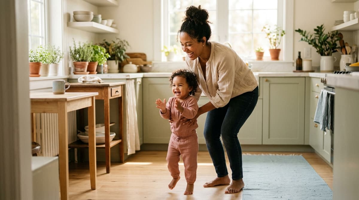 Maman et bébé de 18 mois qui dansent ensemble le matin dans la cuisine