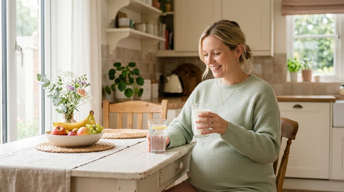 Femme enceinte comparant un verre de lait et un verre d'eau pour s'hydrater pendant la grossesse